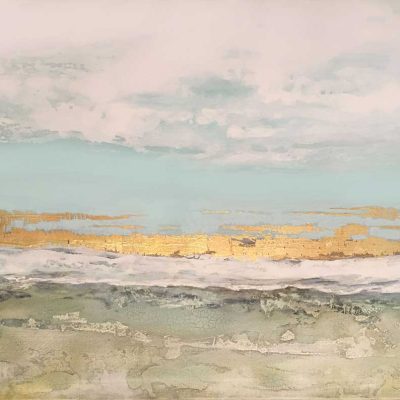 White, aqua and soft greens along with a band of shining gold leaf create a calming modern Abstract seascape.