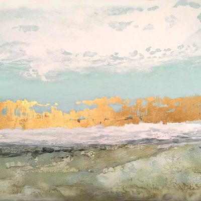 Blues, soft greens and gold leaf are used to create a soothing seascape