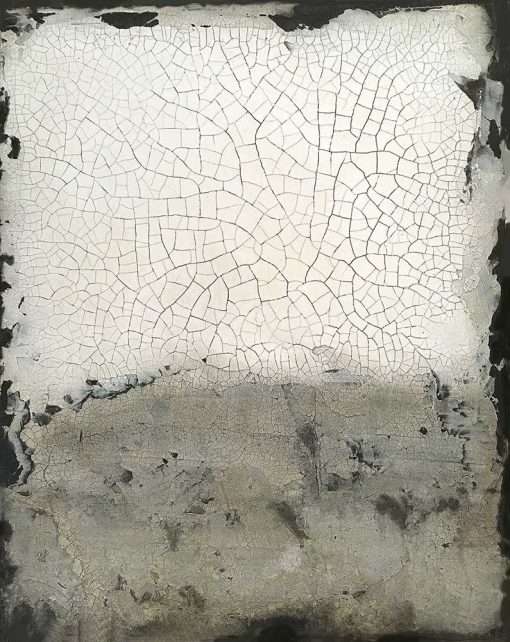 Medium grey and pearl crackle art that is ready to add to a contemporary environment.