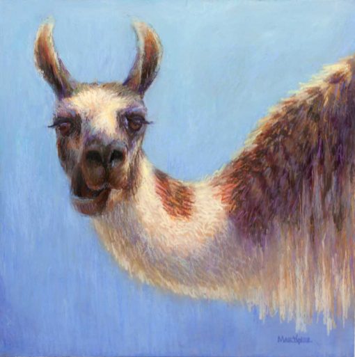 Meet this quirky funny expressive llama that may remind you of Kuzco from the Disney movie Kuzco's Groove. Peruvian American artist Katherine Martinez worked with oil pastels on sanded pastel paper 12x12 inches. The Dutch Art Gallery is your home for original art and premium custom framing in Dallas. A white and brown funny llama with a blue sky background.