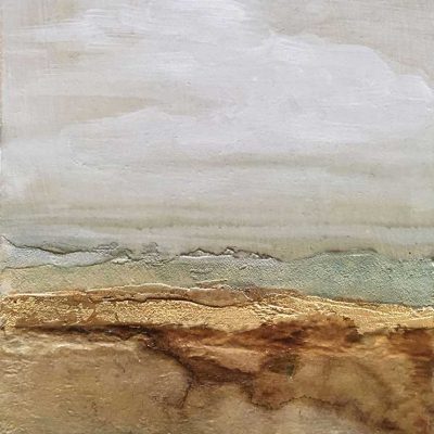 Soft brown and blue landscape with a hint of gold leaf